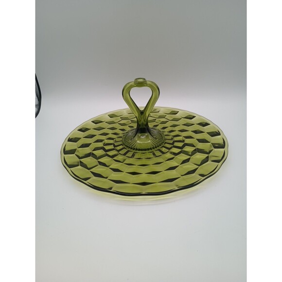 Vintage American Indiana Cubist Avocado Green glass serving platter Handled - Picture 1 of 6
